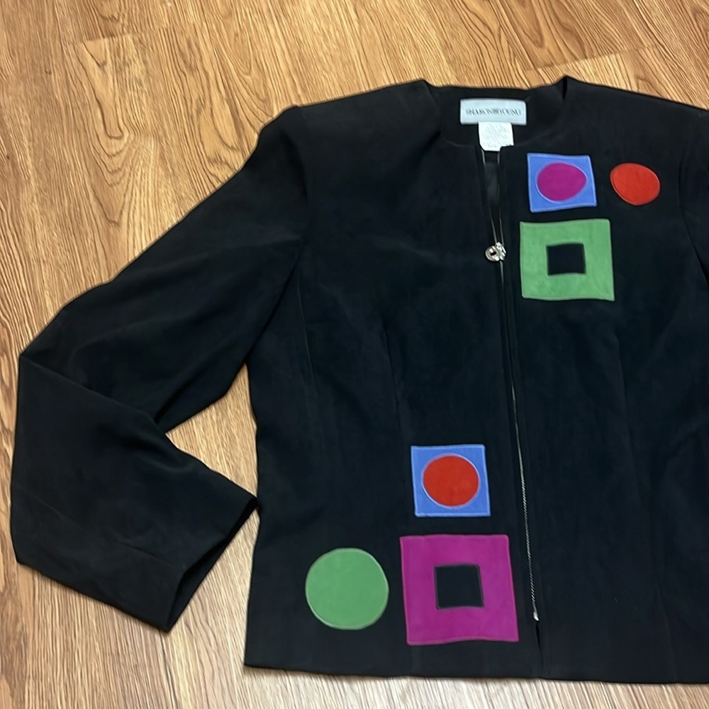 Black Zip-Front Jacket with Color-Block Appliqué - Picture 2 of 9
